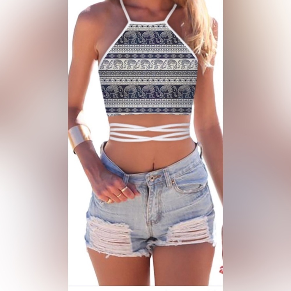 Halter Neck Self-Tie Women's African Elephant Graphic Print Crop Top Size Small